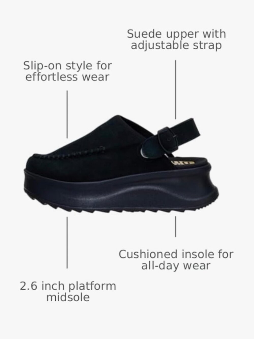 NEW! HEY DUDE Del Ray Clog Slip On Platform Comfort Mule Vegan Suede Black 6 - Picture 5 of 12